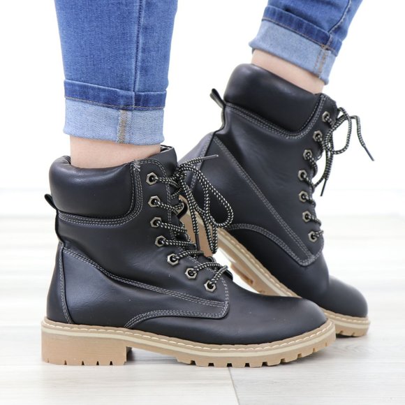 Woman's Faux Leather Lug-Sole Combat Ankle Boots - Picture 3 of 12